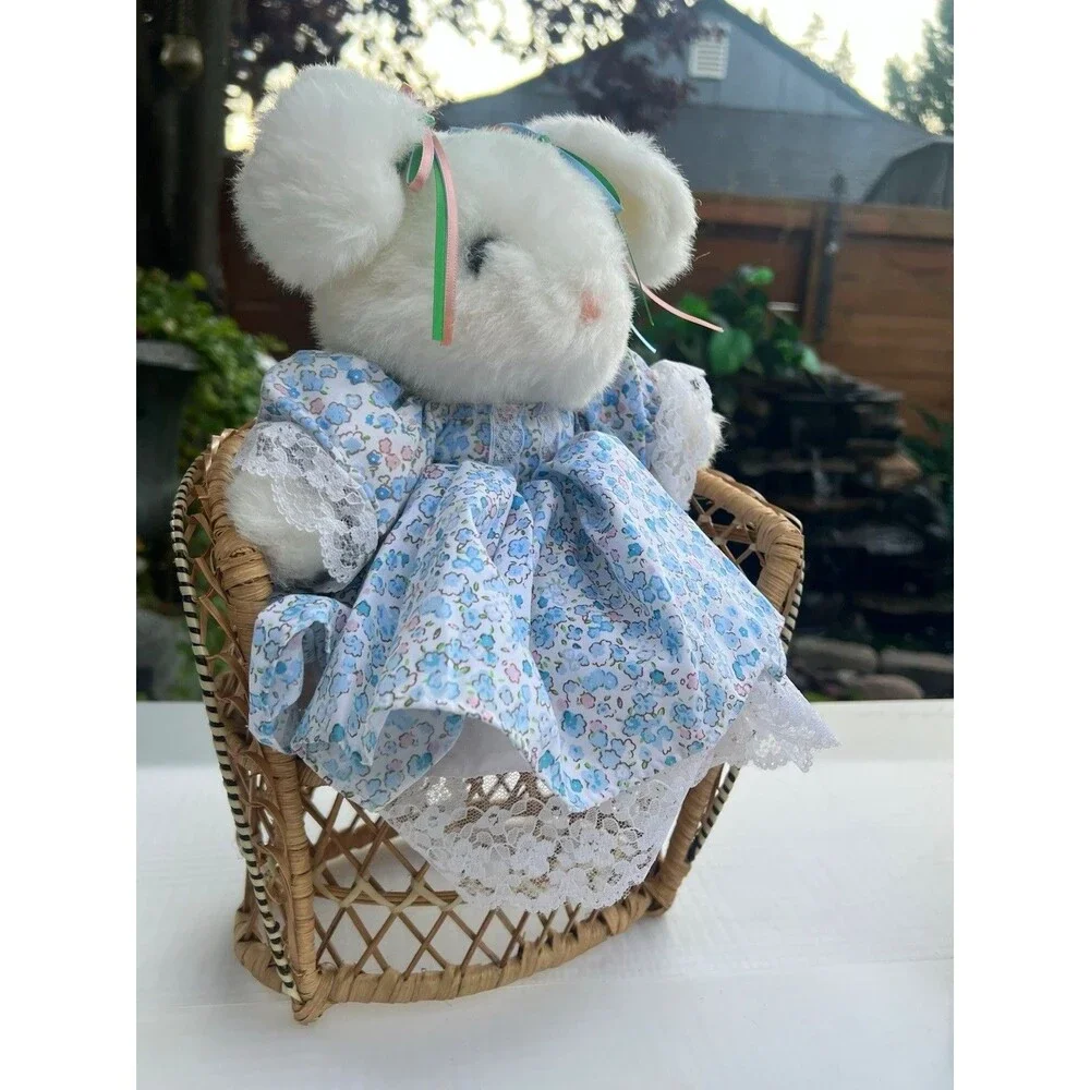 1970’s Vintage Mini Wicker Rattan Doll Chair + Bunny Cottagecore Boho Decor